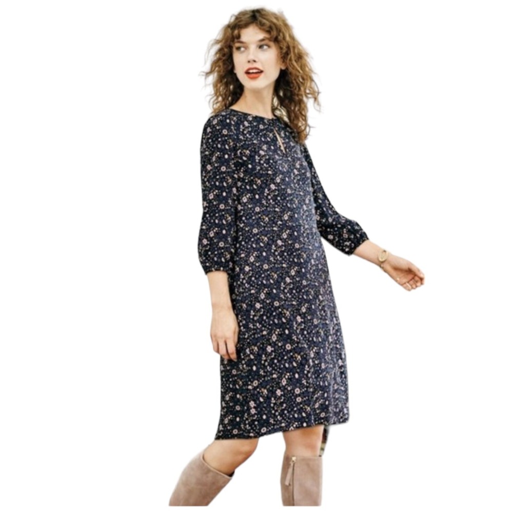 Boden Womens 6R Shift Dress‎ Navy Blue Floral Ditsy 3/4 Sleeve Keyhole Viscose
